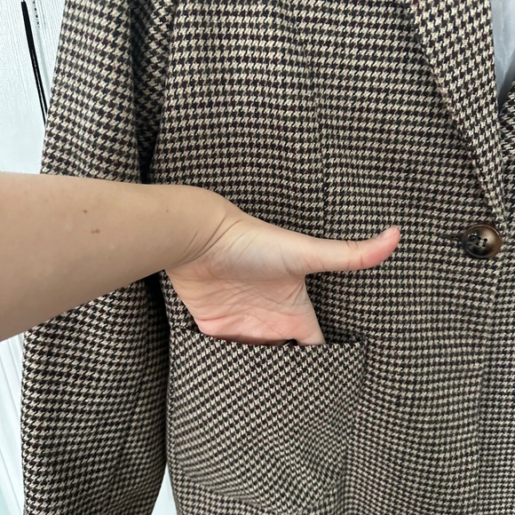 Womens Classic Houndstooth Blazer Jacket Brown Tan Single Button Pockets - Picture 4 of 8